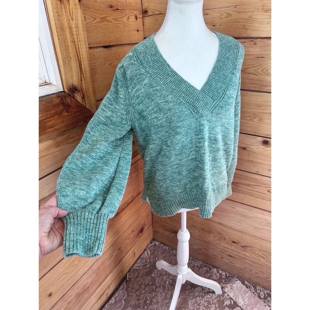 GAP Womens Sage Green Heathered Cotton V-Neck Balloon Sleeve Sweater Size M - Picture 5 of 8